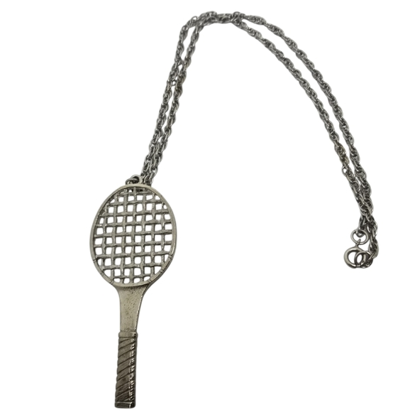 VINTAGE SILVERTONE TENNIS RACKET PENDANT & CHAIN NECKLACE - Picture 3 of 6